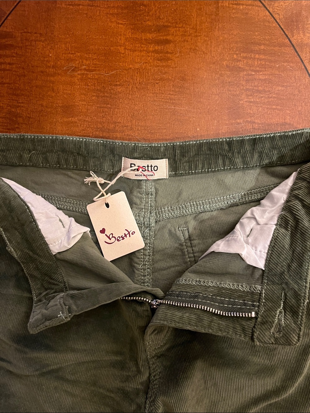 Bell bottom corduroy pants. Raw hem. Flare. Bohemian. Olive green. M. NWT - Picture 11 of 14